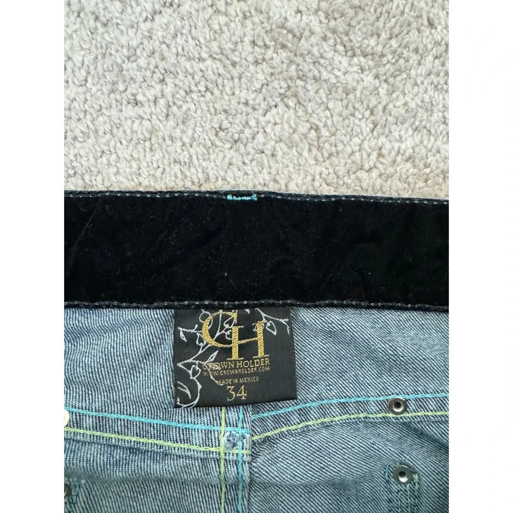 Crown Holder Straight Jeans Men 34 Blue Denim Cotton Beaded Embroidered Mid Rise